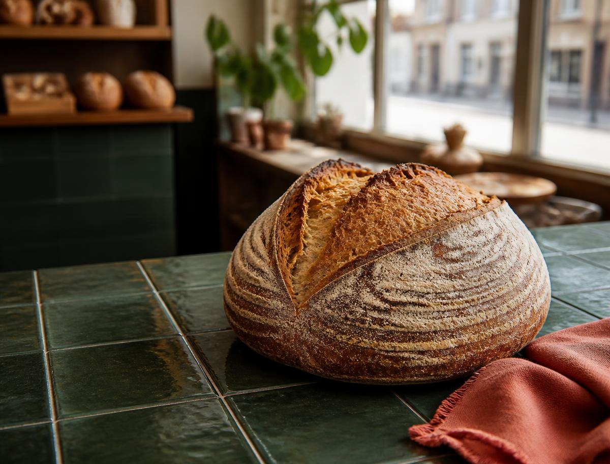 Fresh sourdough loaf on a green-tiled bakery counter